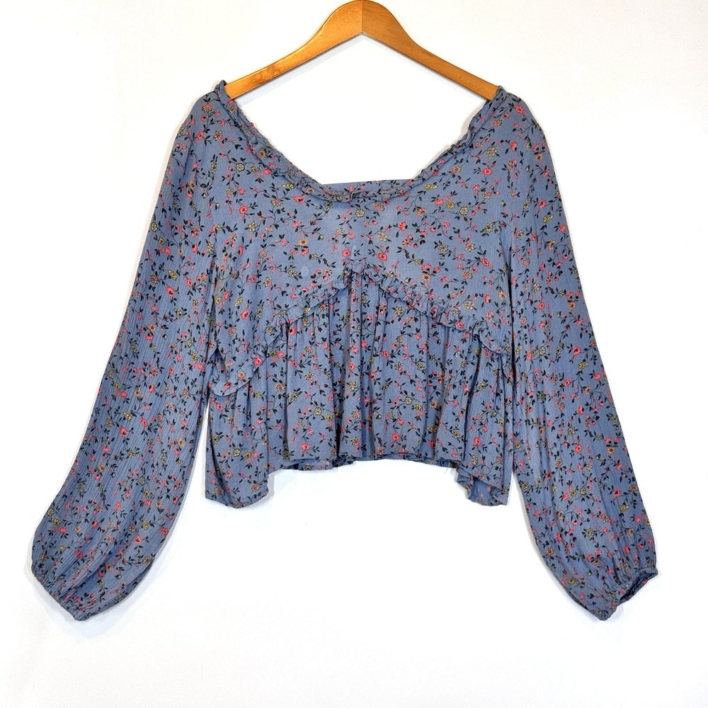 Sim & Sam Blouse Women Large Blue Floral Peasant Boho Crop Top Cottage‎ Festival